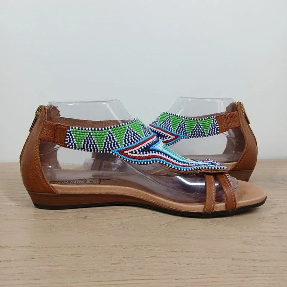 Pikolinos Sandals Women 9 Boho Beaded Leather Strappy Wedge Festival Bohemian - Picture 2 of 10